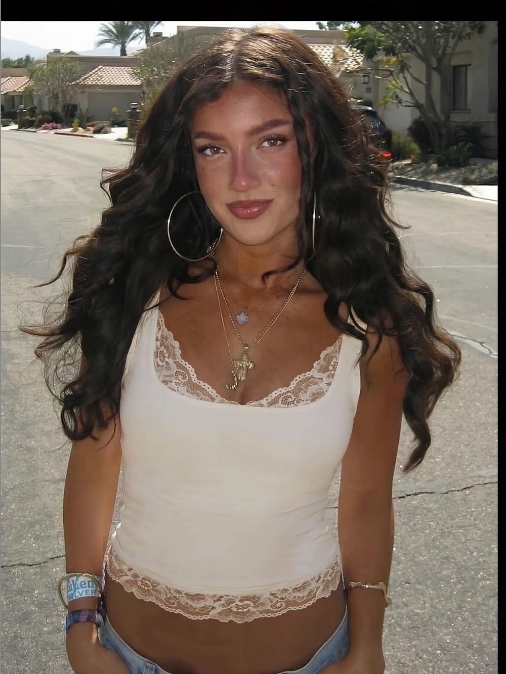 Cream Lace-Trim Tank Top